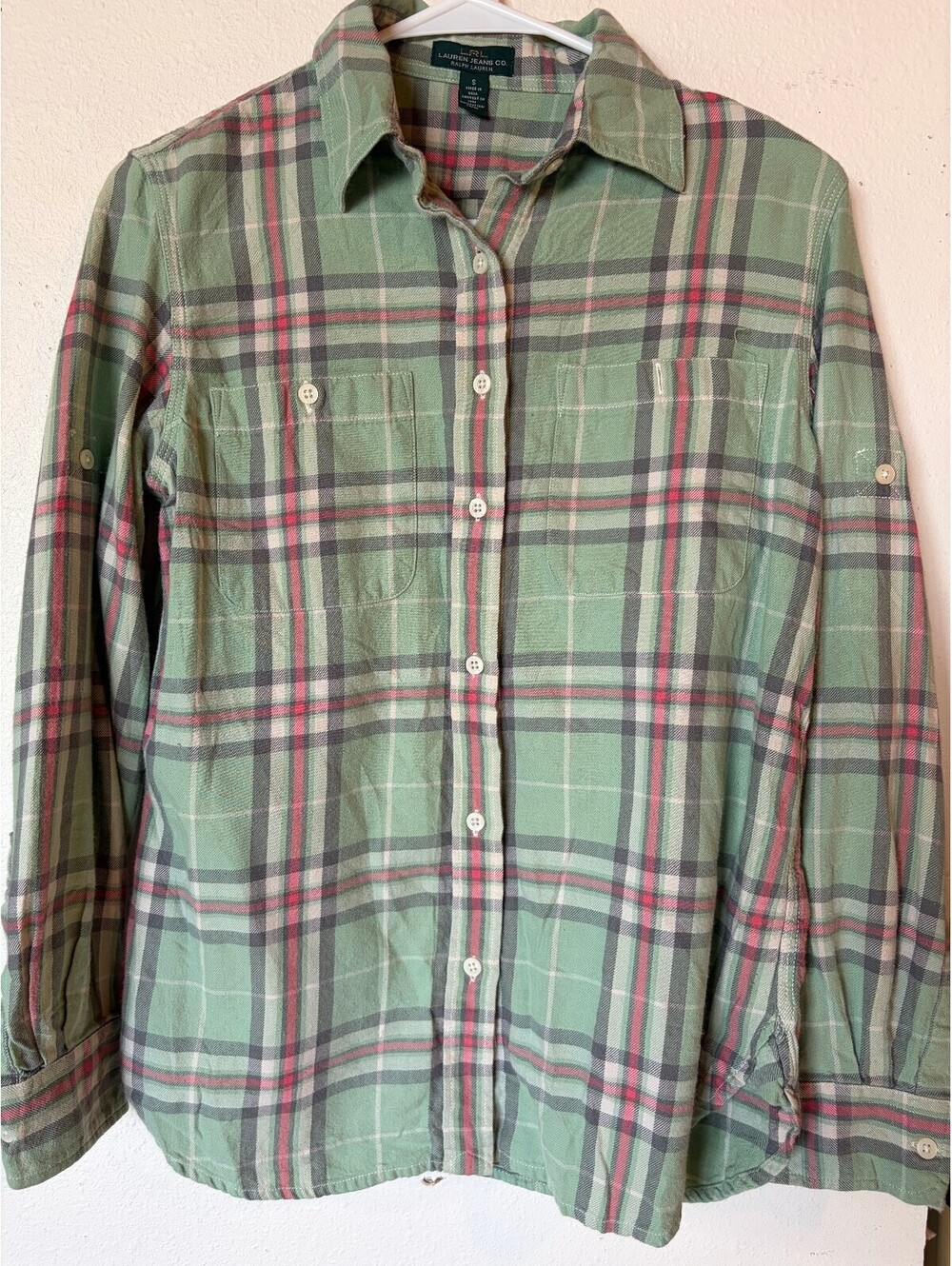 Lauren Ralph Lauren Women’s Plaid Flannel Shirt Small Green Pink 100% Cotton